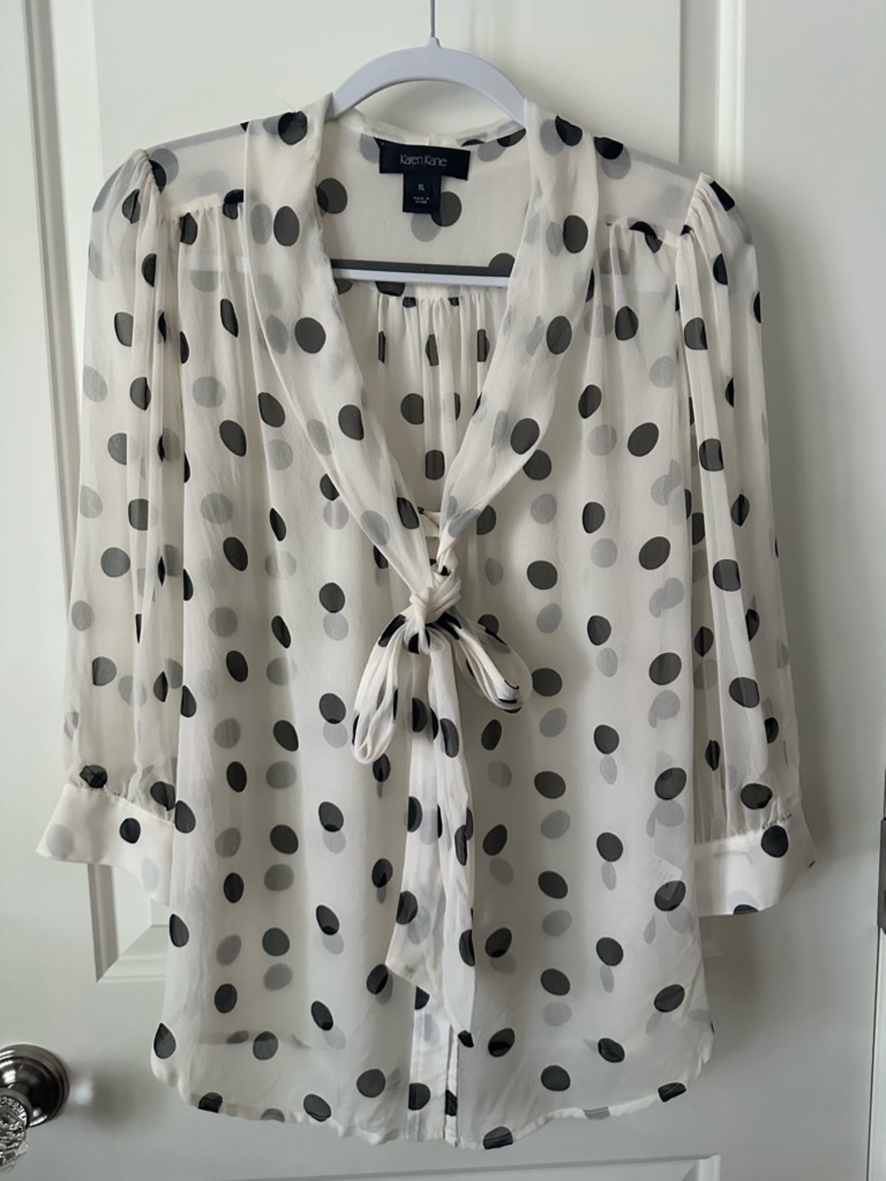Karen Kane Polka Dot Sheer Blouse XL Cream Navy Tie Front Top